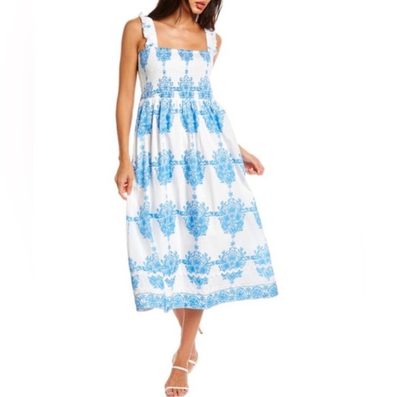 Sail to Sable Blue Printed Block Print Smocked Dress Size XS - Picture 1 of 4